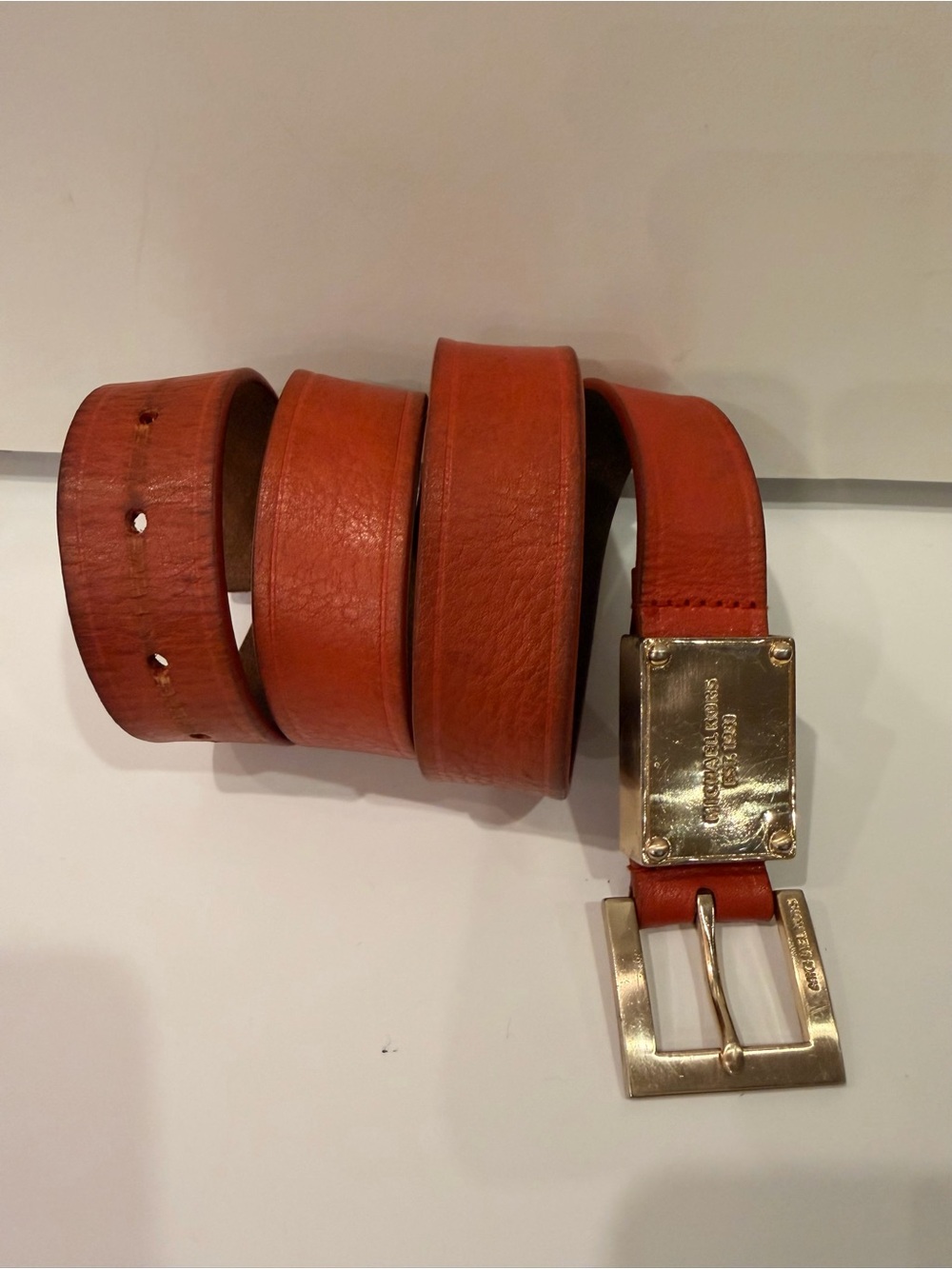Michael Kors Orange Leather Gold Logo Plaque Belt
